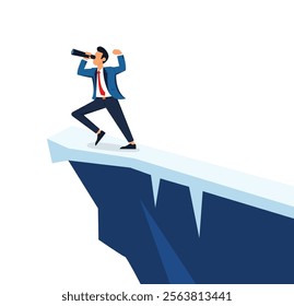 A confident businessman standing on the edge of a cliff with a telescope, symbolizing risk-taking, vision, and strategic foresight in pursuing new horizons and business goals