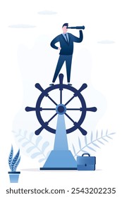 Confident businessman standing on giant rudder helm and looking spyglass. Search right way for development. Vision to see opportunity, skills to overcome obstacles, control and drive growth concept.