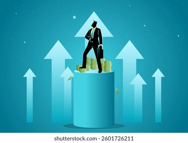 Confident businessman standing on a podium with briefcase and stacks of money, surrounded by upward arrows. Themes for career advancement, investment, entrepreneurship, success, and financial growth