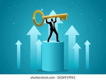 Confident businessman standing on a podium lifting giant golden key, key person, business success key, leadership and growth concept