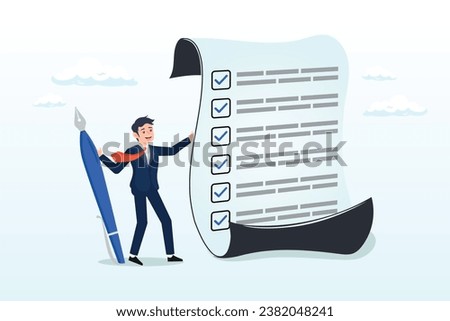 Confident businessman standing with pen after completed all tasks checklist, checklist for work completion, review plan, business strategy or to do list for responsibility and achievement (Vector)