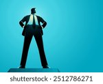 Confident businessman standing tall with hands on hips, viewed from a low angle. This powerful perspective emphasizes the businessman