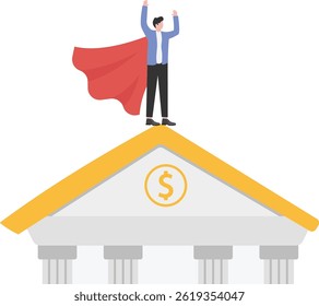 Confident businessman standing tall on a building, wearing a red cape like a superhero.

