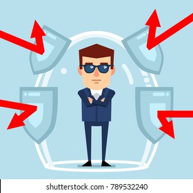 Confident businessman stands in a force field, protected from any dangers. Security, financial safety, insurance, full protection guarantee concept. Flat style vector illustration