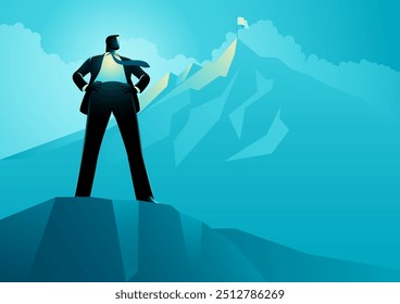 Confident businessman stands tall with his hands on his hips, set against a stunning mountain landscape, represents ambition, strength, and the journey to success