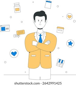 A confident businessman with strong brand identity and professional aura stands with arms crossed, surrounded by business icons, symbolizing successful brand management