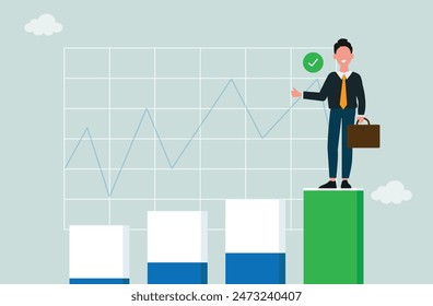 Empresario confiado alcanzó con éxito la meta en el gráfico ascendente. Concepto de Logro de Éxito. Crecimiento empresarial y financiero. Empresario celebrando el crecimiento o el progreso con gráfico gráfico. ingresos por ventas