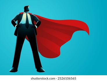 Empresario confiado como superhéroe con capa roja de pie alto con las manos en las caderas. Conceptos de autoridad, fuerza y liderazgo, ideales para temas de éxito y ambición