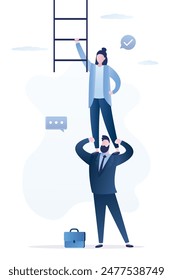 Confident businessman support colleague reaching to climb ladder of success. Mentor or coach help to achieve business success, teamwork collaboration or partnership help to reach target, goals. vector