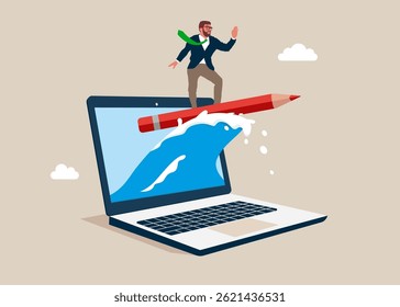 Confident businessman surfing on pencil from the screen laptop. Fight the crisis. Move up motivation, the path to the target's achievement. Modern flat vector illustration.