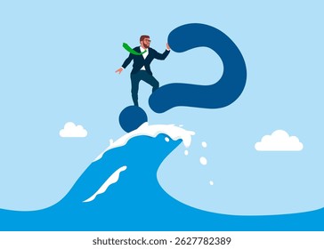 Empresário confiante surfando no ponto de interrogação. Curiosidade explorar desconhecido, procurar solução ou nova oportunidade de negócio, buscar por conceito de sucesso. Ilustração de vetor plano