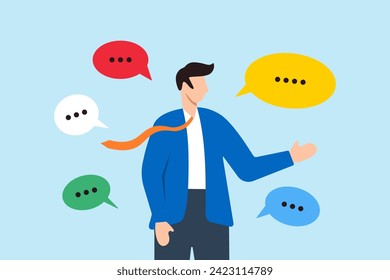Confident businessman talking with multiple speech bubble