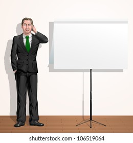 Confident businessman is talking on the phone next to paper presentation board