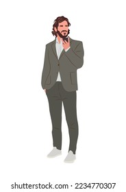 Confident businessman talking on smartphone vector illustration isolated. Handsome male character in suit  holding mobile phone. Vector realistic illustration isolated on white background.
