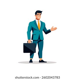 A confident businessman in a teal suit with a yellow tie holds a black briefcase while gesturing with his other hand. He has a friendly smile.