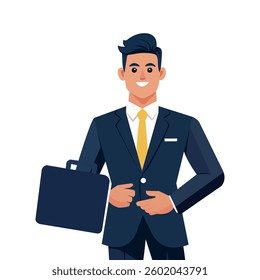 A confident businessman in a teal suit with a yellow tie holds a black briefcase while gesturing with his other hand. He has a friendly smile.
