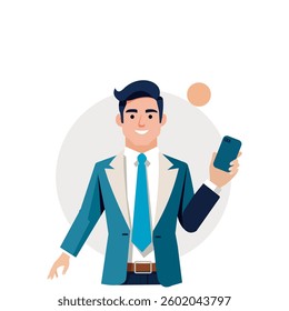 A confident businessman in a teal suit with a yellow tie holds a black briefcase while gesturing with his other hand. He has a friendly smile.