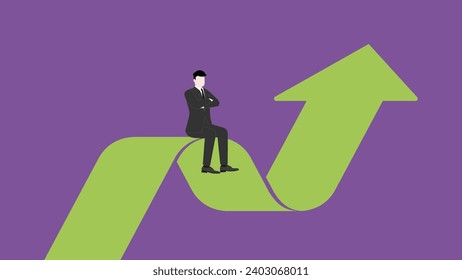 Confident businessman thinking and sitting with arms crossed on green graph. Business strategy, success,  leadership, and innovation concepts in minimal design and vibrant color. Vector illustration.