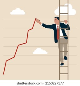 Confident Businessman Trader Climbing Up Ladder To Draw Red Rising Up Investment Line Graph. Stock Price Growth, Asset Price Soaring Or Rising Up, Bullish Stock Market Or Economic Recovery Concept.