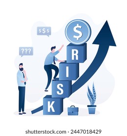 Confident businessman or trader climbs large cubes with inscription - risk. Profit, money on top. Risk management. Trade off of risky investment asset rewarding growth return. Flat Vector illustration