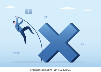 Confident businessman trying to jump through big cross sign. Student learning from mistake for career growth or being more professional, overcoming failure to become master. Knowledge seeking behavior