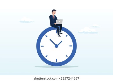 Confident businessman using computer laptop sitting on clock working at night with colleague in other country, after hours worker, working late overtime or career that work in different time (Vector)