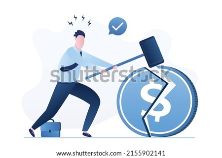 Confident businessman using hammer and breaks dollar coin. Refusal to Use US Currency. Lack of dependence on foreign currency. Financier or trader does not invest in currency. Flat vector illustration