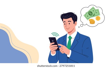Confident businessman using his smartphone thinks about wealth, money, and financial success in a thought bubble.