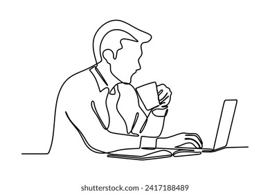 confident businessman using laptop while drinking coffee. continuous line drawing. vector illustration