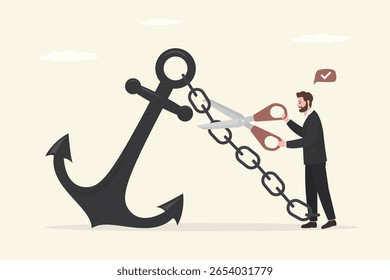 Confident businessman using scissors to cut chain tie himself with big heavy anchor. Freedom, relief or escape from bad habit, psychology anchoring effect or cut heavy burden to growing more. vector