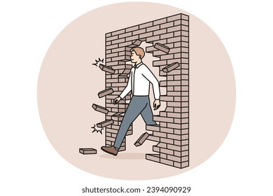 Confident businessman walk through crashed brick wall achieve business success or achievement. Motivated male employee break crash wall go for goal accomplishment. Vector illustration.