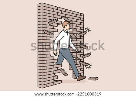 Confident businessman walk through crashed brick wall achieve business success or achievement. Motivated male employee break crash wall go for goal accomplishment. Vector illustration. 
