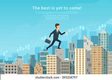 Confident businessman walking up the career stairs. Concept of web banner with person walking to the success. Modern flat design of urban landscape with city buildings, vector illustration.