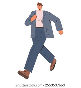 Confident businessman walking illustration. A professional male figure strides forward with a smile, exuding confidence and purpose. Vector illustration.