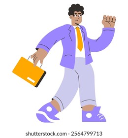 Confident businessman walking with a raised fist and briefcase. Leadership stride and power gesture display success. Vector illustration.