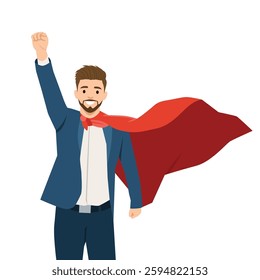 Confident businessman wearing a suit and a red cape, raising his fist in a heroic pose. Flat vector illustration isolated on white background