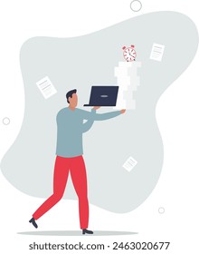 hombre de negocios confiado que trabaja con la computadora portátil mientras lleva carga de papeleo. Ilustración vectorial plana.