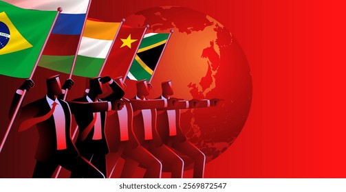 Confident businessmen proudly holding the BRICS flag and pointing forward, with a globe in the background. Symbolizing global ambition, economic collaboration, and emerging market influence