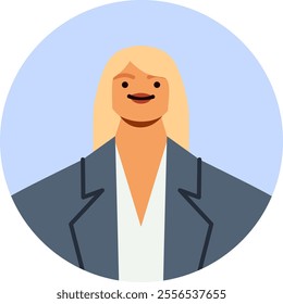 Confident businesswoman avatar featuring a smiling, professional woman with blond hair in a gray jacket against a light blue circular background, ideal for corporate identity