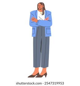 Empresária confiante em blazer azul de pé de braços cruzados. Líder feminina profissional em trajes de trabalho modernos. Ilustração vetorial.