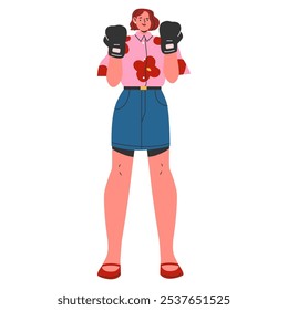 Empresária confiante em luvas de boxe pronto para desafios corporativos. Transmite determinação e capacitação. Ilustração vetorial.