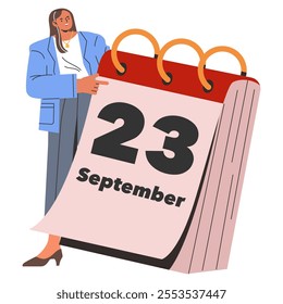 Confident businesswoman with calendar showcasing important date. Corporate deadline and event planning concept. Vector illustration.