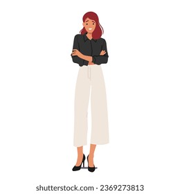 Confident Businesswoman Character Stands With Folded Arms, Exuding Professionalism And Determination. Her Poised Demeanor Reflects Strength, Leadership And A Commitment To Success. Vector Illustration