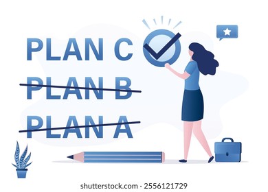 Confident businesswoman checking list, plan C. Smart woman present Plan C. Alternative solution or business strategy plan to have secondary for emergency case, fallback option. vector illustration