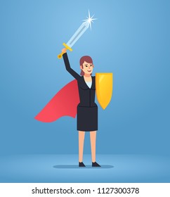 Confident businesswoman cheers with sword and shield in her arms. Super hero, successful boss, manager. Simple style vector illustration