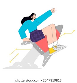 Confident businesswoman concept. An ambitious woman soaring on a rocket, symbolizing career success and upward mobility. Vector illustration.