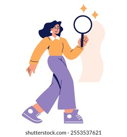 Confident businesswoman concept. A female professional analyzes a situation with a magnifying glass. Problem-solving and attention to detail. Vector illustration.