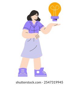 Confident businesswoman concept. An innovative young professional presents a bright idea, symbolized by a light bulb. Vector illustration.