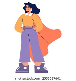 Confident businesswoman concept. A modern female professional stands proud with a superhero cape, symbolizing empowerment. Vector illustration.