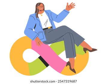 Concepto de mujer de negocios segura. Mujer de Profesional en atuendo corporativo sentada en un elemento infográfico colorido. Liderazgo, crecimiento profesional y éxito corporativo. Ilustración vectorial.